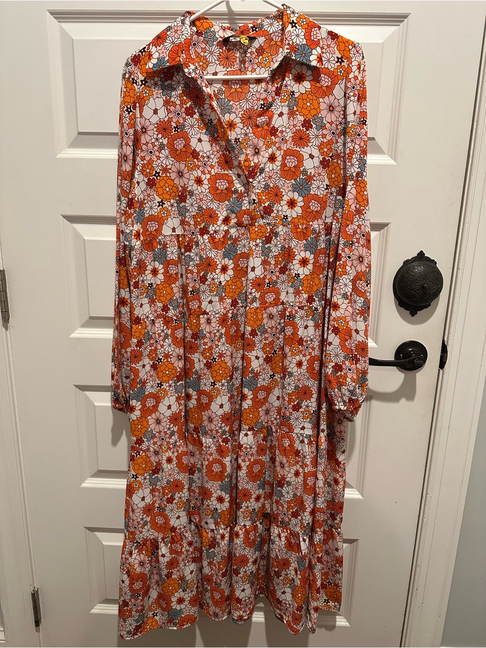 Button-Front Floral Midi Dress in Orange and White
